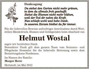 Traueranzeige von Helmut Wostal von Wochenspiegel Mansfelder Land