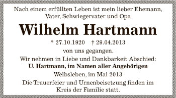 Traueranzeige von Wilhelm Hartmann von Wochenspiegel Mansfelder Land