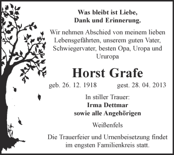 Traueranzeige von Horst Grafe von WVG - Wochenspiegel NMB / WSF / ZTZ