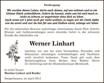 Traueranzeige von Werner Linhart von WVG - Wochenspiegel SGH