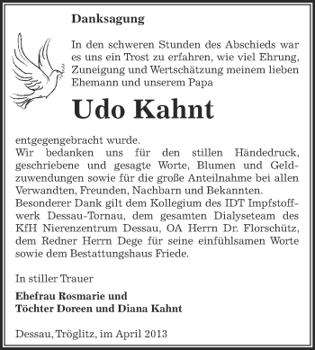 Traueranzeige von Udo Kahnt von WVG - Wochenspiegel Dessau / Köthen