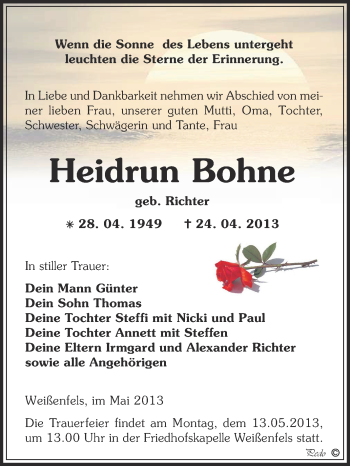 Traueranzeige von Heidrun Bohne von WVG - Wochenspiegel NMB / WSF / ZTZ