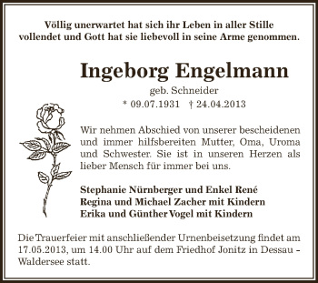 Traueranzeige von Ingeborg Engelmann von WVG - Wochenspiegel Dessau / Köthen