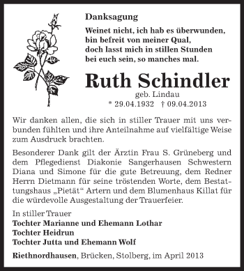 Traueranzeige von Ruth Schindler von Super Sonntag SGH Mansf. Land