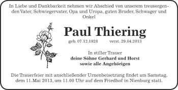 Traueranzeige von Paul Thiering von Super Sonntag Bernburg