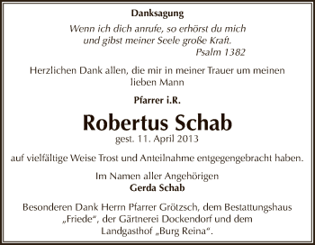 Traueranzeige von Robertus Schab von WVG - Wochenspiegel Dessau / Köthen