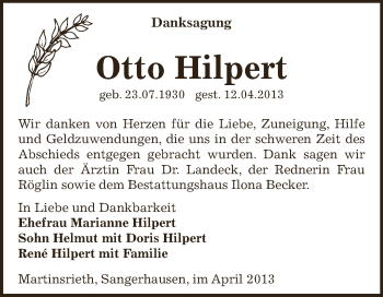 Traueranzeige von Otto Hilpert von Super Sonntag SGH Mansf. Land