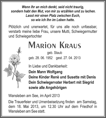 Traueranzeige von Marion Kraus von WVG - Wochenspiegel Halle