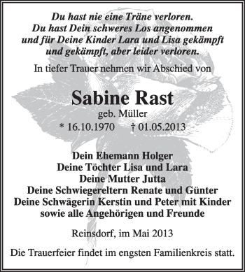 Traueranzeige von Sabine Rast von WVG - Wochenspiegel Wittenberg