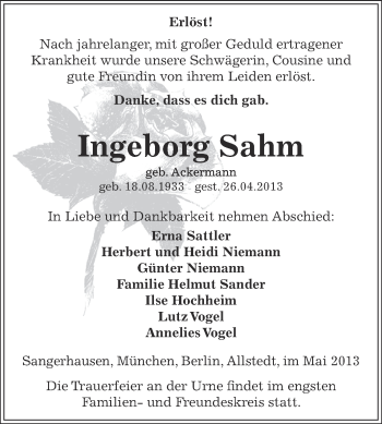 Traueranzeige von Ingeborg Sahm von Super Sonntag SGH Mansf. Land