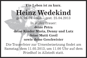 Traueranzeige von Heinz Wedekind von Super Sonntag SGH Mansf. Land