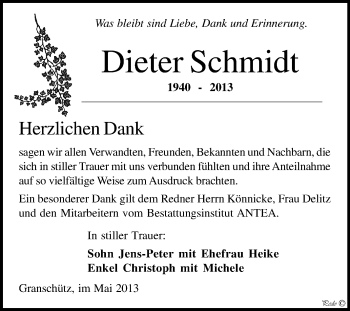 Traueranzeige von Dieter Schmidt von WVG - Wochenspiegel NMB / WSF / ZTZ