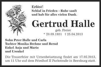 Traueranzeige von Gertrud Halle von Super Sonntag Bernburg