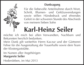 Traueranzeige von Karl-Heinz Seiler von WVG - Wochenspiegel Quedlinburg
