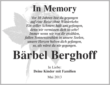 Traueranzeige von Bärbel Berghoff von WVG - Wochenspiegel NMB / WSF / ZTZ
