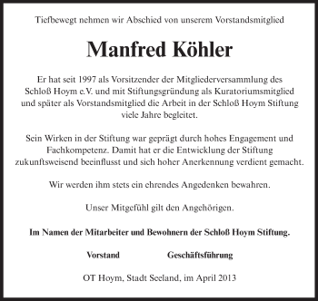 Traueranzeige von Manfred Köhler von Super Sonntag Aschersleben