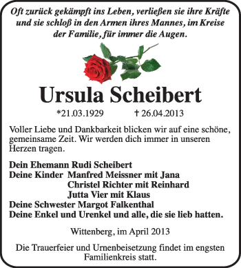 Traueranzeige von Ursula Scheibert von WVG - Wochenspiegel Wittenberg
