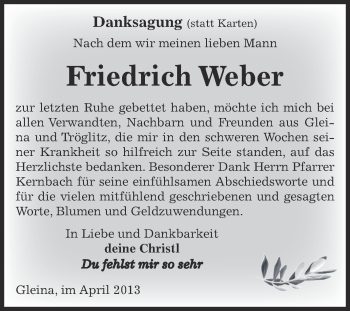Traueranzeige von Friedrich Webe von Super Sonntag Zeitz