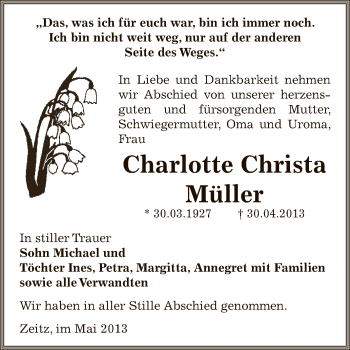 Traueranzeige von Charlotte Christa Müller von Super Sonntag Zeitz