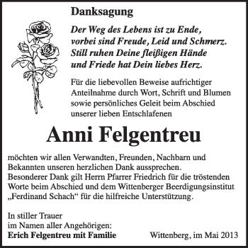 Traueranzeige von Anni Felgentreu von WVG - Wochenspiegel Wittenberg
