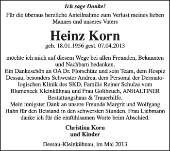 Traueranzeige von Heinz Korn von Super Sonntag Dessau / Köthen