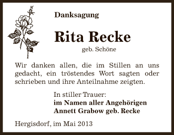 Traueranzeige von Rita Recke von Wochenspiegel Mansfelder Land