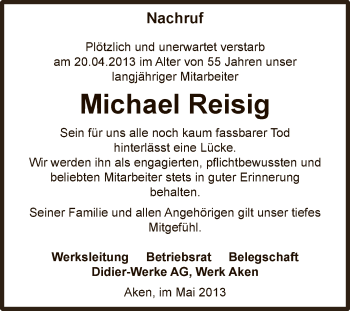 Traueranzeige von Michael Reisig von WVG - Wochenspiegel Dessau / Köthen