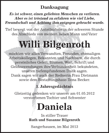 Traueranzeige von Willi und Daniela Bilgenroth von Super Sonntag SGH Mansf. Land