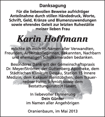 Traueranzeige von Karin Hoffmann von Super Sonntag Wittenberg