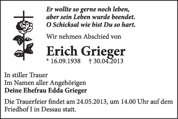 Traueranzeige von Erich Grieger von Super Sonntag Dessau / Köthen
