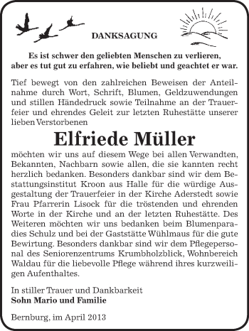 Traueranzeige von Elfriede Müller von Super Sonntag Bernburg