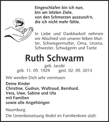 Traueranzeige von Ruth Schwarm von WVG - Wochenspiegel NMB / WSF / ZTZ