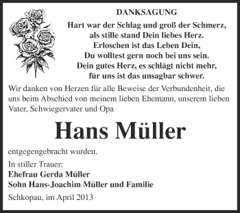 Traueranzeige von Hans Müller von Super Sonntag Merseburg
