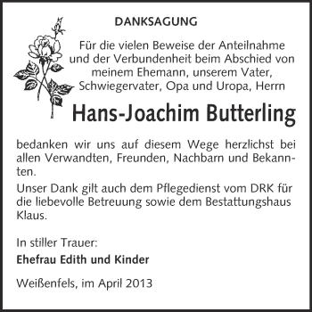 Traueranzeige von Hans-Joachim Butterling von WVG - Wochenspiegel NMB / WSF / ZTZ