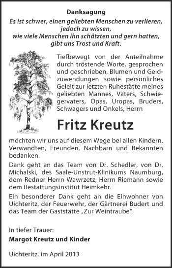 Traueranzeige von Fritz Kreutz von WVG - Wochenspiegel NMB / WSF / ZTZ