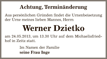 Traueranzeige von Werner Dzietko von Super Sonntag Zeitz