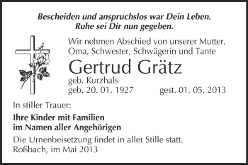 Traueranzeige von Gertrud Grätz von WVG - Wochenspiegel Merseburg