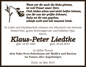 Traueranzeige von Klaus-Peter Liedtke von Super Sonntag Zeitz