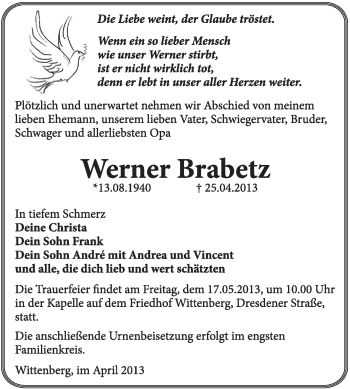 Traueranzeige von Werner Brabetz von WVG - Wochenspiegel Wittenberg