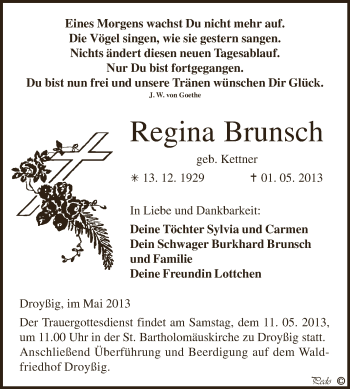 Traueranzeige von Regina Brunsch von Super Sonntag Zeitz