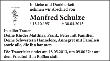 Traueranzeige von Manfred Schulze von Super Sonntag Dessau / Köthen