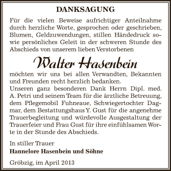 Traueranzeige von Walter Hasenbein von WVG - Wochenspiegel Dessau / Köthen