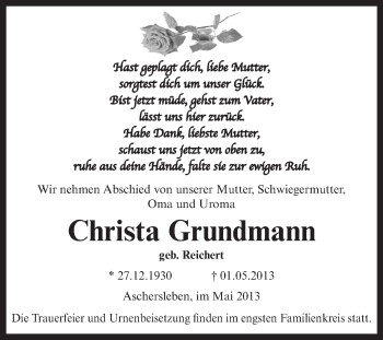 Traueranzeige von Christa Grundmann von WVG - Wochenspiegel Aschersleben