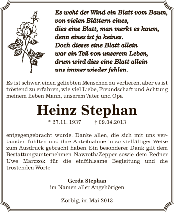 Traueranzeige von Heinz Stephan von WVG - Wochenspiegel Bitterfeld