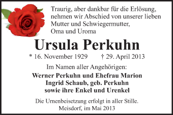Traueranzeige von Ursula Perkuhn von WVG - Wochenspiegel Quedlinburg
