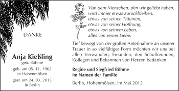 Traueranzeige von Anja Kießling von WVG - Wochenspiegel NMB / WSF / ZTZ
