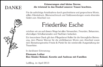 Traueranzeige von Friederike Esche von WVG - Wochenspiegel NMB / WSF / ZTZ