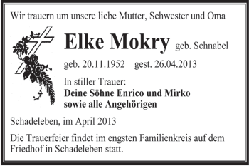 Traueranzeige von Elke Mokry von Super Sonntag Aschersleben