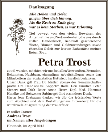 Traueranzeige von Petra Trost von Wochenspiegel Mansfelder Land