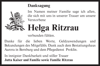Traueranzeige von Helga Ritzrau von WVG - Wochenspiegel Aschersleben